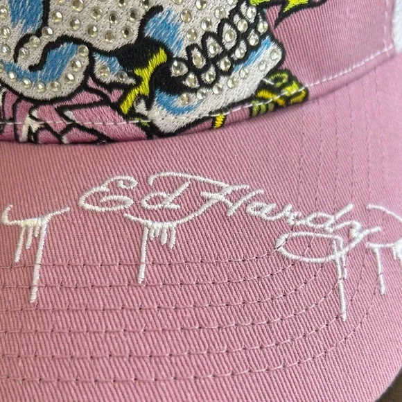 Ed Hardy Pink Rhinestone Skull Roses Trucker Hat Mesh Snapback Y2K Tattoo Art - Picture 2 of 6
